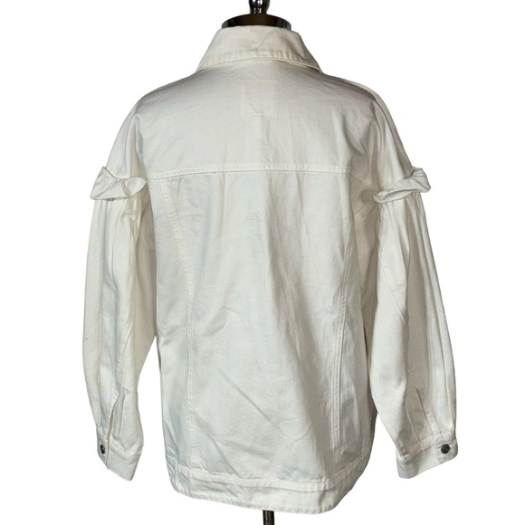 Anthropologie Avec Les Filles White Ruffled Puff Sleeve Oversized Denim Jacket - Picture 2 of 9